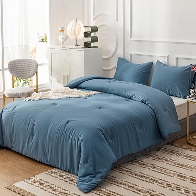 Blue Comforter Set Twin Size Solid Lake Blue Comforter Set Soft Breathable Comfy Fluffy Lightweight Blue 3 Piece Comforter Set Twin Size Women Men