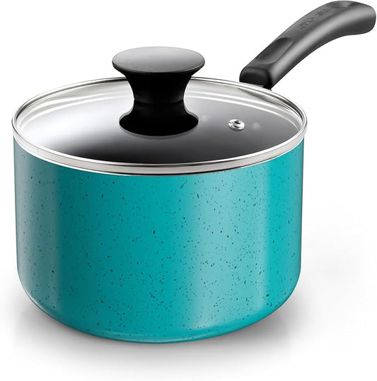 Cook N Home Non Stick Sauce Pan, 3 Quarts Saucepan with Glass Lid, Nonstick Small Multi-purpose Pot, Milk Chocolate Aluminum Cooking Pot Pan with Stay-Cool Handle, Turquoise