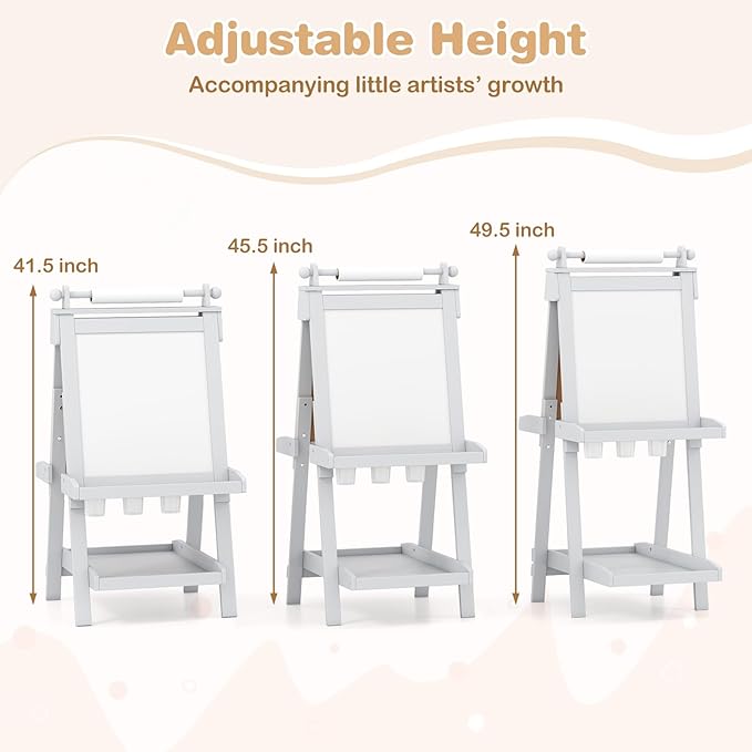 OLAKIDS Easel for Kids, 3 in 1 Adjustable Painting Art Board, Foldable Double-Sided Wooden Drawing Chalkboard Magnetic Whiteboard with Paper Roll, Storage Rack, Cups for Boy Girls (Gray)