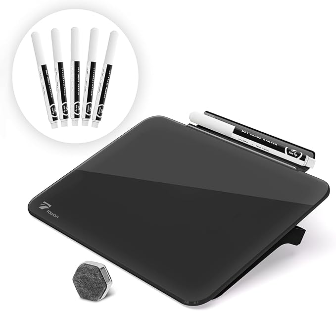 TOWON Small Glass Dry Erase Board, Desk White Board with Standing, Mini Whiteboard Easel Pad Set, Stenography Artifact for Office, Home and School Supplies, 8x6 Inches, Black
