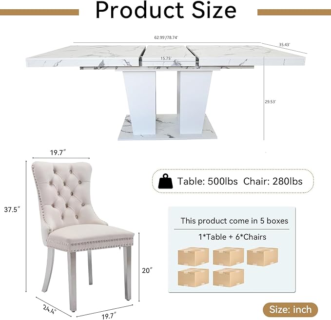 7-Piece Extendable Dining Table Set for 6-8 People 63-78 Inch Kitchen Table Set with 6 Beige Upholstered Chairs Modern White Faux Marble Rectangular Dining Room Table Set for Kitchen Apartment