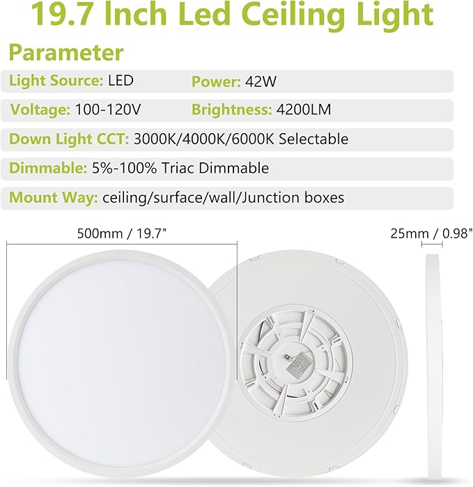 42W 20" Large LED Flush Mount Ceiling Light with Remote Control, Dimmable 2700K-6500K Color Temp Adjustable, Ultra-Thin Flat Round Fixtures for Bedroom, Kitchen, Office, White
