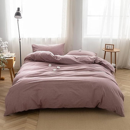 FACE TWO FACE Bedding Duvet Cover Set100% Washed Cotton Duvet Cover Linen Like Textured Breathable Durable Soft Comfy(Queen, Purple Bean Paste)