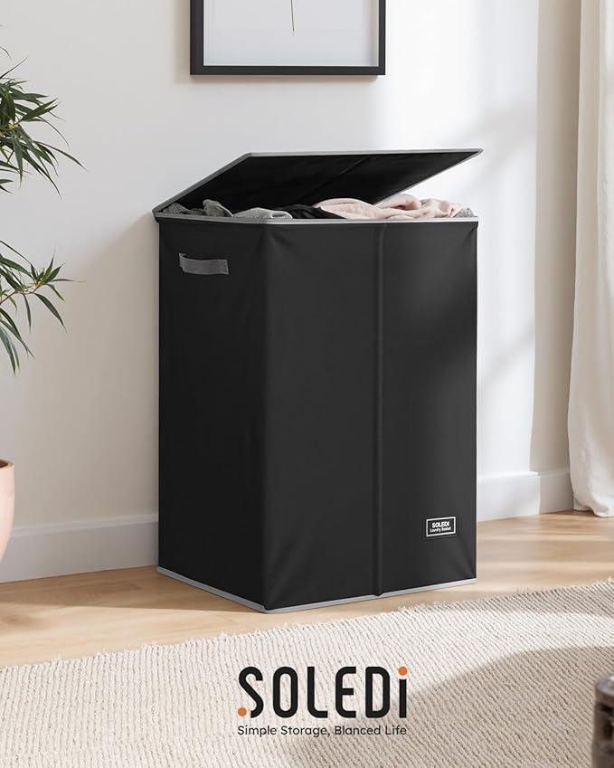 SOLEDI Laundry Hamper with Lid 130L Large & Tall Collapsible Laundry Basket, Clothes Hamper with Bag Removable Easy to Carry, Dirty Hampers for Bedroom, Bathroom, Dorm, College, Black