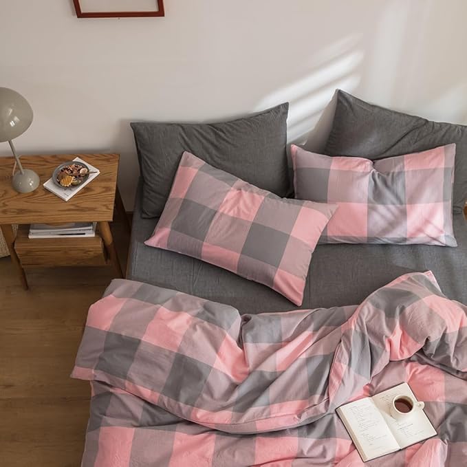 FACE TWO FACE Bedding Duvet Cover Set100% Washed Cotton Duvet Cover Linen Like Textured Breathable Durable Soft Comfy (Full, Grey Powder Grid)