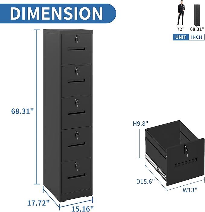 5 Drawer File Cabinet with 5 Individual Locks, Vertical Metal Filing Cabinet Home Office Narrow Locking File Cabinets for A4/Legal/Letter File Folders, Anti-Tilt Design, Need Assemble (Black)