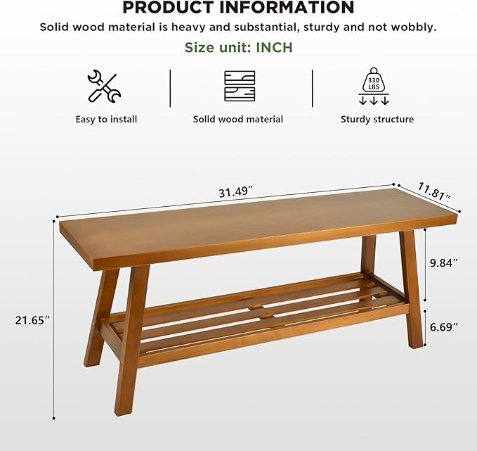 31.5" Farmhouse Solid Wood Bench, Small Long Rustic Storage Entryway Bench for Indoor, Bedroom,Dining Room, Living Room and Hallway