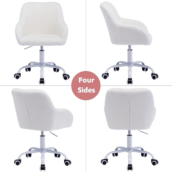 LukeAlon Kids Adjustable Desk Chair, Sherpa Study Chair with Swivel Base Upholstered Cute Reading Chair Comfy with Arms for Girls Children, White