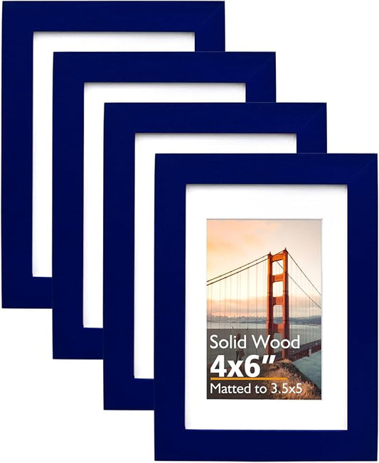 KINLINK 4x6 Picture Frames Navy, Solid Wood Frames with Acrylic Plexiglass for 3.5x5 with Mat or 4x6 without Mat, Tabletop and Wall Display Photo Frame, Set of 4