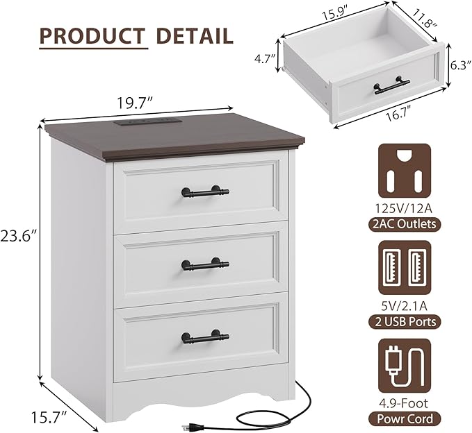 Nightstand Set of 2, Farmhouse Night Stand with Charging Station, White Wood Bedside Table & End Table with 3 Drawers, Side Table Storage Cabinet with Metal Handles for Bedroom, Living Room