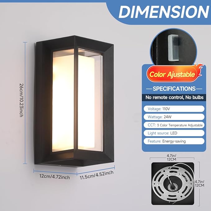 24W Porch Lights Outdoor 2160LM Modern Exterior Light Fixtures 3CCT 3000K/4000K/6500K Black Outdoor Wall Light LED Wall Mount Sconces for Garage Front Door Porch Hallway Doorway 2 Pack