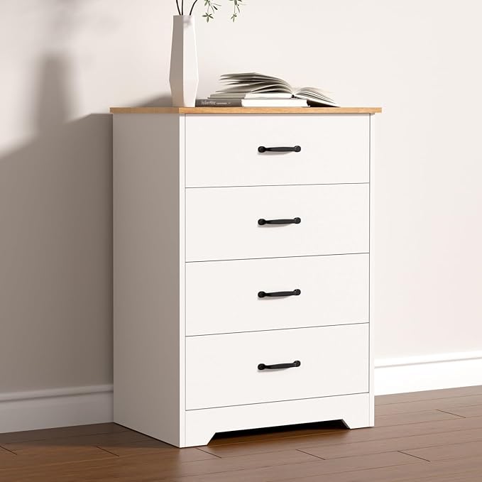 Farmhouse 4 Drawer Dresser, Small Wooden Chest of Drawers Classic White Dresser for Bedroom Living Room Entryway (White, 4 Drawer)