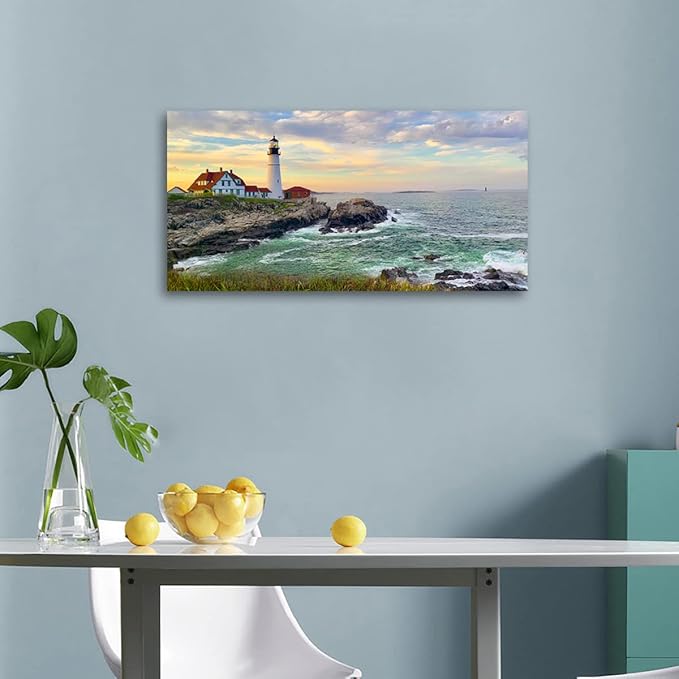 Sunset Lighthouse Canvas Wall Art for Living Room Wall Decor Sunset Seascape Canvas Pictures Ocean Canvas Prints Nature Canvas Artwork Office Home Wall Decorations Framed Ready to Hang 24" x 48"