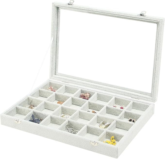 Coward Jewelry Organizer Tray Box, 24 Grids Ring Earring Chain Bracelet Necklace Jewelry Bead Display Holder Tray Case with Transparent Glass Lid for Home Drawer or Shop Selling