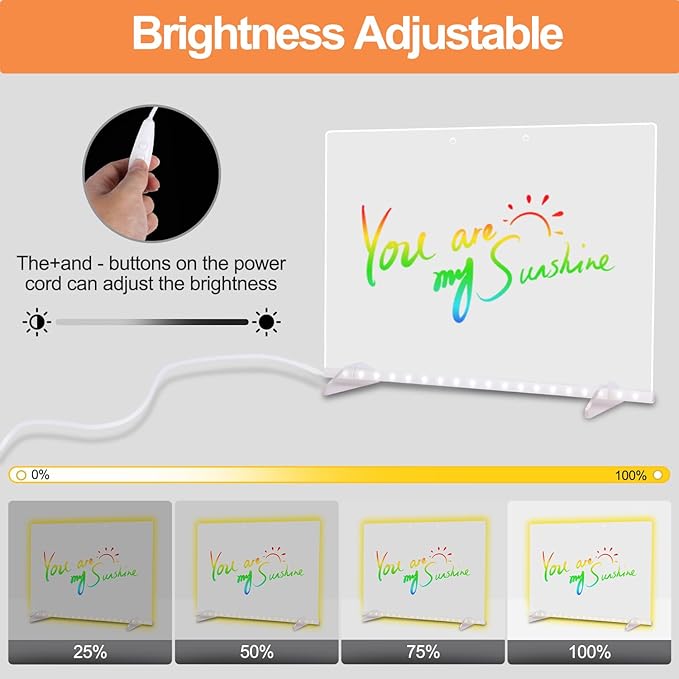 LED Note Board with Colors, 13.7"X10" 4 Modes & 7 Colors Acrylic Dry Erase Board with Light, Include Adapter, Hanging Chain, Led Drawing Board for Kids with Stand, 7 Markers, Spray Bottle ﻿