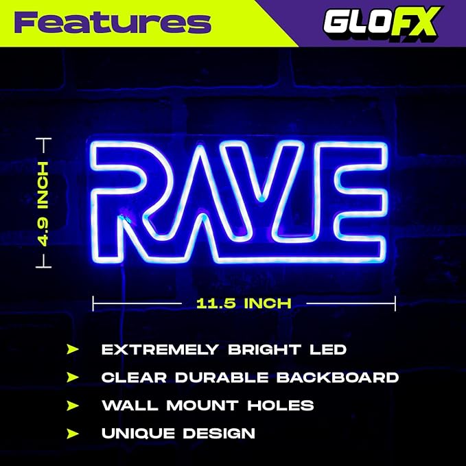 Blue Rave LED Sign | Neon Sign for Wall Decor | USB Powered LED Neon Sign | Small Plug In Sign for Wall or Desk | 4.9 x 11.5 inches