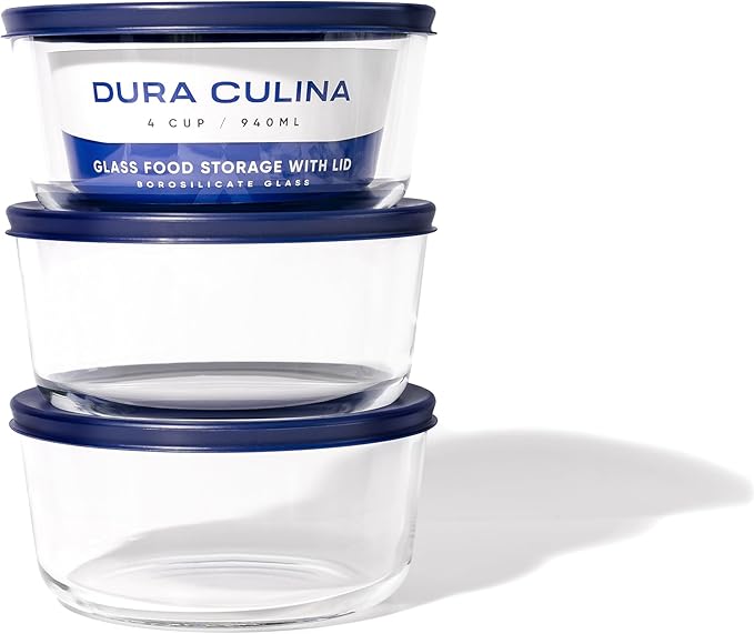 6-Piece Glass Food Storage Containers Set (3 Containers + 3 BPA-Free Lids) | 4-Cup, Leakproof | Microwave, Freezer, Oven & Dishwasher Safe | Ideal for Meal Prep & Pantry Organization