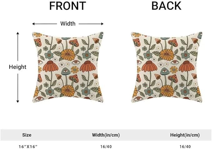 BETGINY Boho Throw Pillow Covers 16x16 Set of 2, Yellow Orange Fun Cute Mushrooms Retro Decorative Outdoor Pillow Covers 70s Vintage Floral Linen Farmhouse for Couch Sofa Summer Home Decor