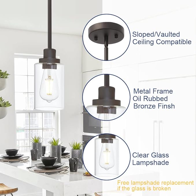 Vintage 1-Light Hanging Ceiling Fixture Pendant Light, Oil Rubbed Bronze Mini Lighting Chandelier with Clear Glass Shade for Kitchen Island Farmhouse