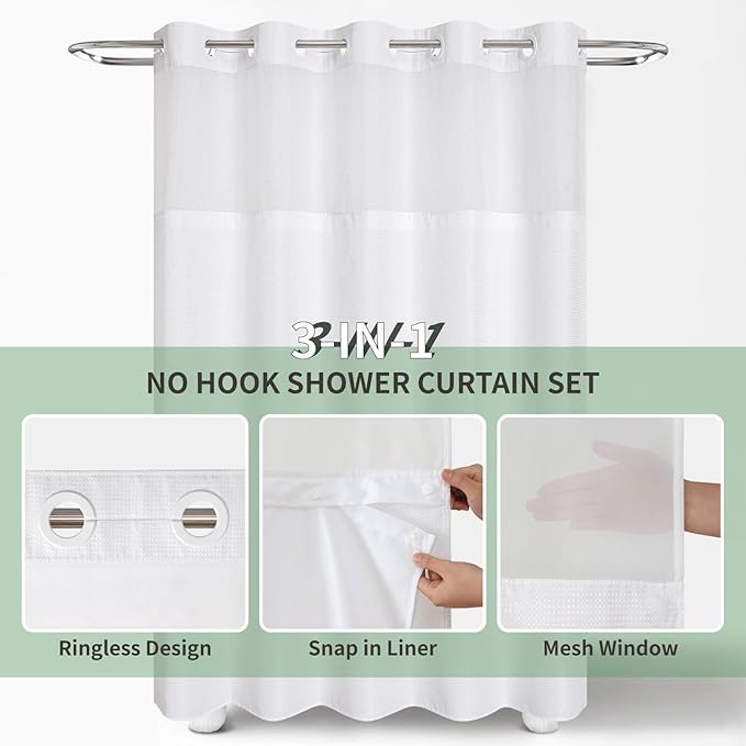 Stall No Hook Shower Curtain with Snap-in Fabric Liner Set,Waffle Weave Shower Curtains for Bathroom,Hotel Luxury Decor Bathroom Curtain Set,Waterproof & Washable,White,54Wx80H