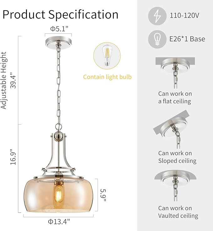 WUZUPS Nickel Chandelier Rustic Farmhouse Industrial Round Ceiling Pendant LED Light Fixture with Amber Glass Shade for Dining Room Kitchen Island Foyer Entryway, H 17" W 13.4", E26 Base
