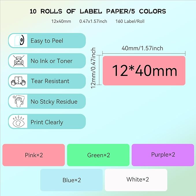 Label Maker Tape Refill 12mm 0.47, Standard Laminated Thermal Label Tape Replacement, 0.47"×1.57"(12×40mm) 1650 Labels/10Rolls/Pack, High Definition Labeling Tape for Home Office School Hotel