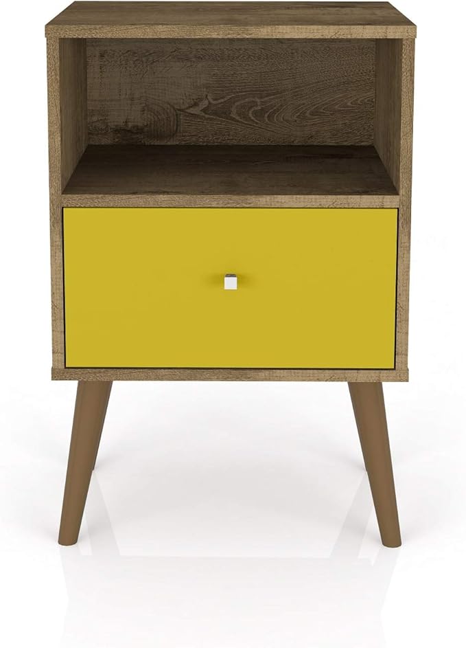 Manhattan Comfort Liberty Mid Century Modern Nightstand with Drawer and Cubby, Bedside Table for Bedroom and Living Room, Night Stand Accent Decor, Easy Assembly, Brown/Yellow
