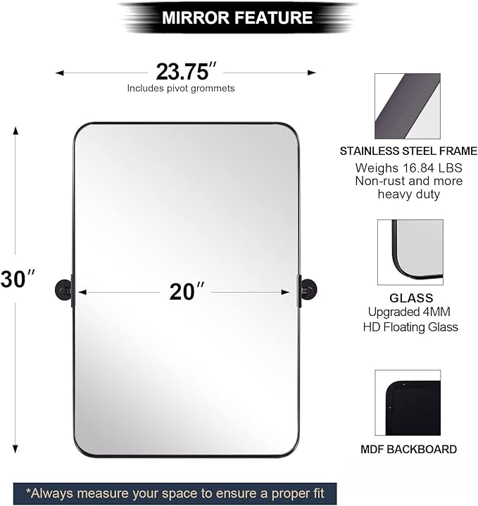 ANDY STAR 20"x30" Matte Black Pivot Mirror for Bathroom, Metal Frame Bathroom Mirrors for Wall，Rectangle Titling Vanity Wall Mirror with Rounded Corner Design Hangs Vertically Only