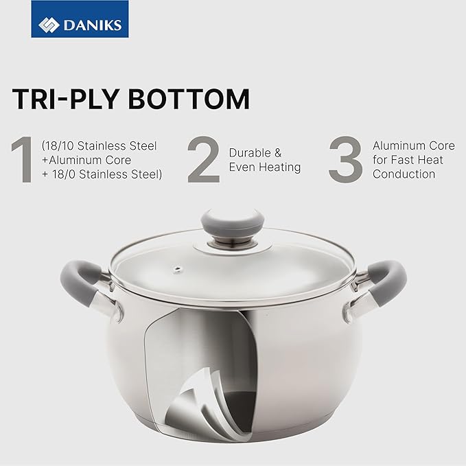 Daniks Modern Stainless Steel Stock Pot with Glass Lid – Induction 3 Quart, Dishwasher Safe, Heatproof Handles, For Soup, Pasta, Stew, Silver