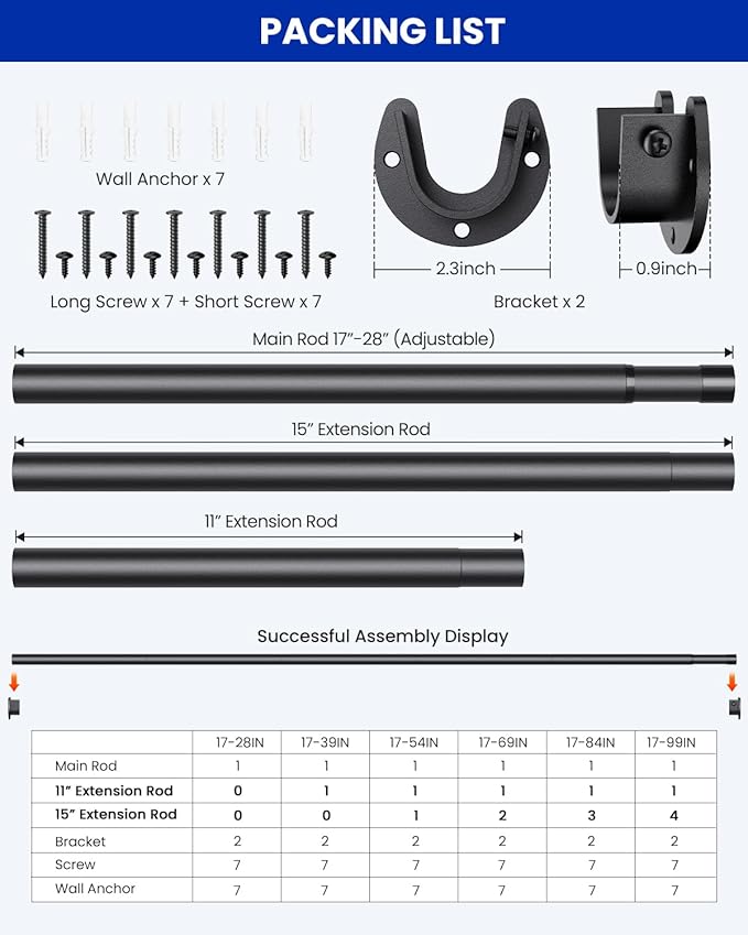 Closet Rods for Hanging Clothes, 17 to 129 Inches Stepless Adjustable Metal Closet Rod, 1.3 Inches Heavy Duty Clothes Hanging Rod for Closet Wardrobes Laundry RV