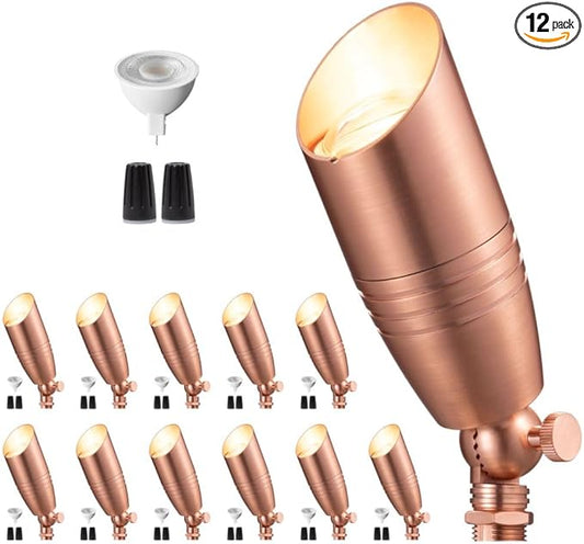 Die-Cast Brass Spot Light Outdoor - 12V LED Uplighting Waterproof, Low Voltage Landscape Lights Direct Wire, Copper for Fence Fountain with Daytime White MR16 Replaceable Bulbs (12 Pack)