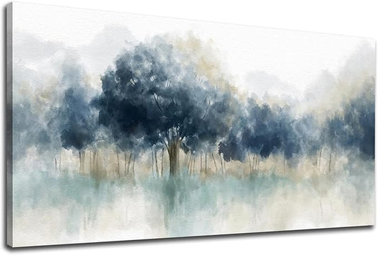 Foggy Forest Canvas Wall Art - Indigo Blue Abstract Trees Pictures for Wall Decor Nature Canvas Painting Modern Printing Artwork for Living Room Bedroom Home Office Wall Decoration 20" x 40"