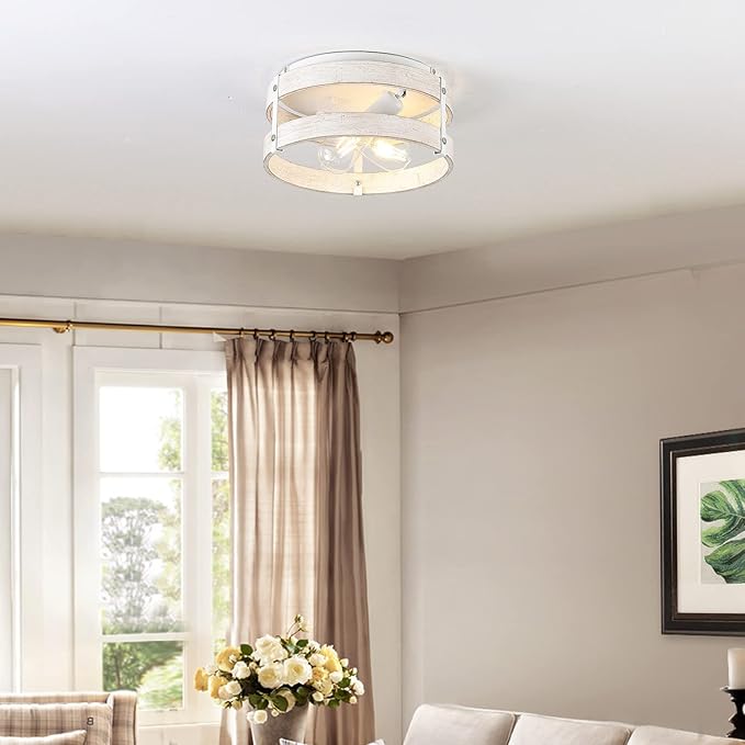 Modern Farmhouse ?Antique White Distressed Flush Mount Light Fixture 2-Light Wood Drum Semi Flush Mount Ceiling Light for Hallway Bedroom Kitchen Entryway Farmhouse