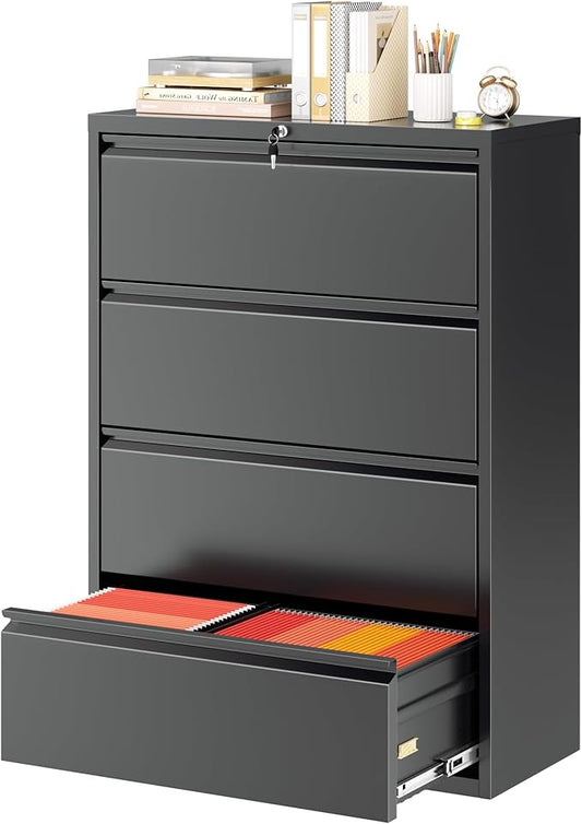 Greenvelly Lateral File Cabinet 4 Drawer, Lockable Metal Filing Cabinet for Home Office, Black Metal File Cabinet with Lock for Legal/Letter/A4/F4 Size with Hanging Bars&Key
