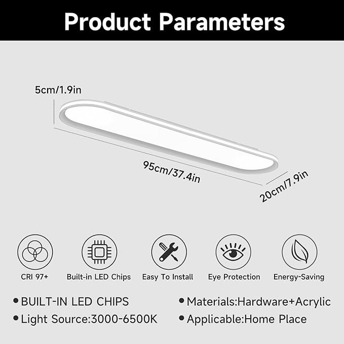 37.4" Dimmable Metal LED Ceiling Light,Slim, Edge Lit - 55W Full Spectrum Linear Ceiling Lamps,3000-6500K Modern Ultra Thin Low Profile Light Fixture for Kitchen, Bedroom & Hallway (White)