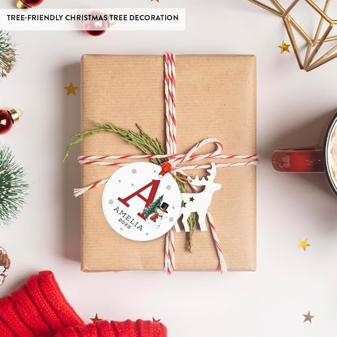 Andaz Press Personalized Christmas Ornament, Custom Name Initial A Monogram Snowman 2.8" Ceramic Porcelain 2025 Christmas Ornament For Kids Boys Girls 1-Pack Initial Ornaments Name Ornaments Christmas