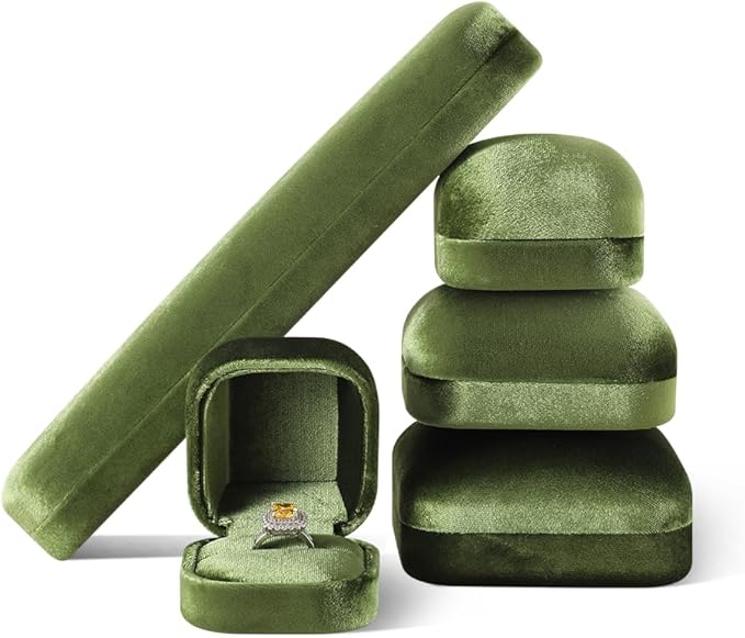 Resilient Velvet Ring Earrings Bracelet Necklace Display Box, Travel Mini Jewelry Organizer Case (Green, Long Chain Box)