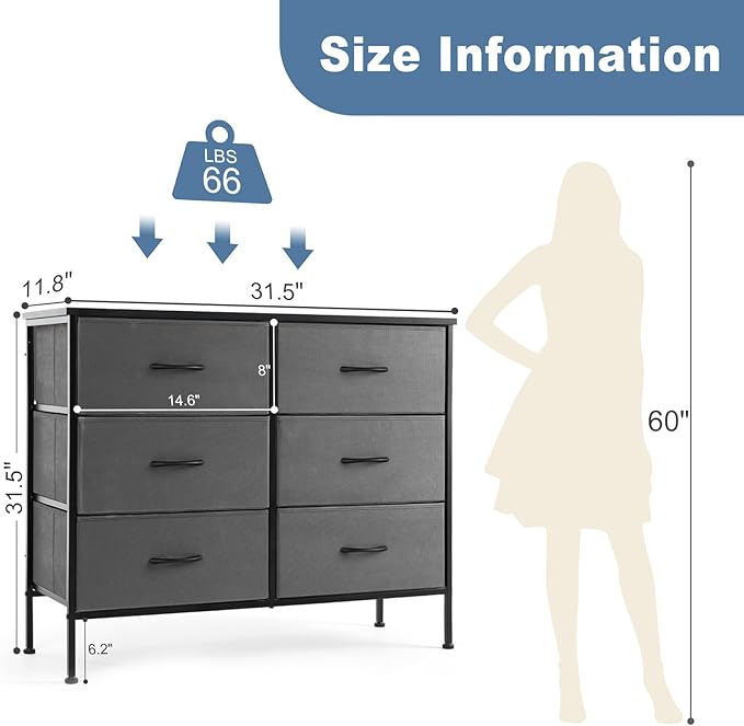 DUMOS TV Stand for Living Room, Dresser for Bedroom Chest of Dresser with 6 Fabric Drawers Storage Organizers Units, Nightstand for Bed