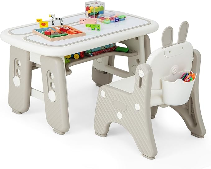 Costzon Kids Table and Chair Set, Graffiti Activity Table w/Flip-Top Tabletop Bookshelf, Erasable Magnetic Drawing Board, Storage, Adjustable Height for Drawing, Toddlers Art Table & Chair (Gray)