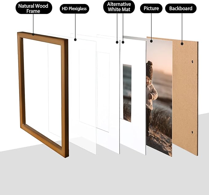 KINLINK 12x16 Picture Frame Brown, Solid Wood Frames with Acrylic Plexiglass for Pictures 11x14/9x12 with Mat or 12x16 without Mat,Wall Display Photo Frame, Set of 4