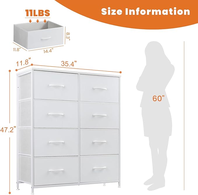 DUMOS Dresser for Bedroom with 8 Fabric Drawers, Tall Chest Organizer Units for Clothing, Closet, Kidsroom, Storage Tower with Cabinet, Metal Frame, Wooden Top, Lightweight Nursery Furniture, White