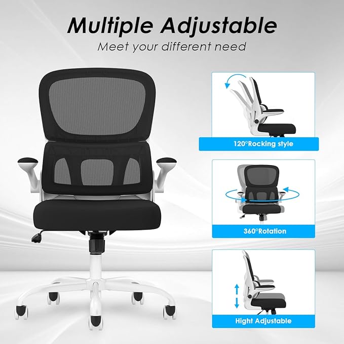 Soohow Office Chair, Mesh Ergonomic Office Chair with Lumbar Support, Comfy Computer Desk Chair with Flip Armrest Rolling Wheels for Home Study Room Office, White & Black