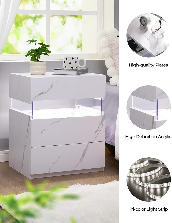 Bingoday Nightstand with LED Lights LED Bedside Tables LED Nightstand for Bedroom Modern Night Stand with 3 Drawers