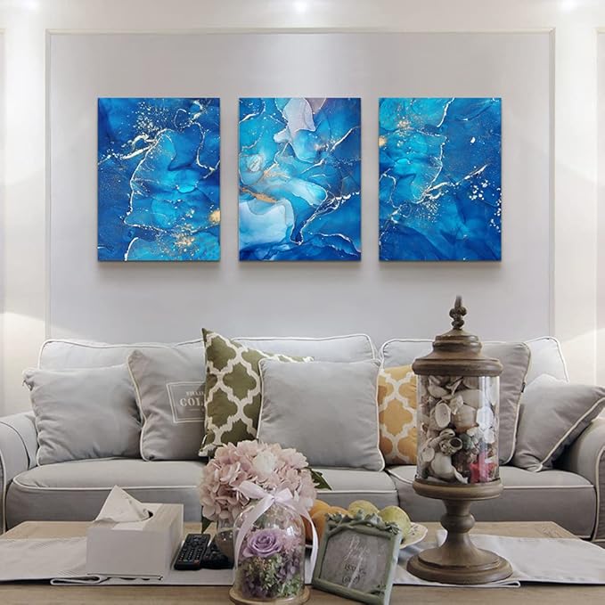 MHARTK66 Canvas Wall Art For Living Room Wall Decorations For Bedroom Modern Bathroom Wall Decor Painting Blue Abstract Pictures Artwork Inspirational Canvas Art Prints Kitchen Home Decor 3 Pieces