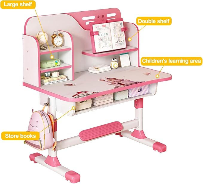 Premium Kids Study Desk Chair Set,Height Adjustable Children's Desk and Chair School Study Table Chair with Astronaut Pattern,Ergonomic Desk Chair with Writing Board, Bookshelf and Drawer Pink