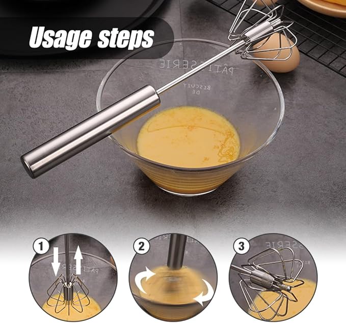 2025 Upgrade Stainless Steel Egg Whisk, Semi-Automatic Hand Push Mixer Stirrer Whisk Blender, Stainless Steel Whisks Blender for Blending, Beating & Stirring (10inch)