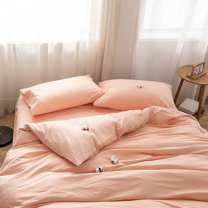 FACE TWO FACE Bedding Duvet Cover Set100% Washed Cotton Duvet Cover Linen Like Textured Breathable Durable Soft Comfy(Full, Pink)