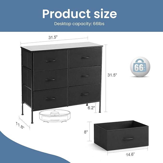 DUMOS TV Stand for Living Room, Dresser for Bedroom Chest of Dresser with 6 Fabric Drawers Storage Organizers Units, Nightstand for Bed, Black