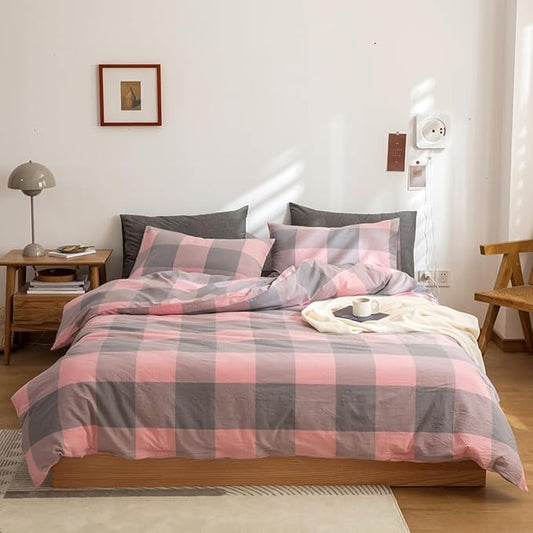FACE TWO FACE Bedding Duvet Cover Set100% Washed Cotton Duvet Cover Linen Like Textured Breathable Durable Soft Comfy (Twin, Grey Powder Grid)