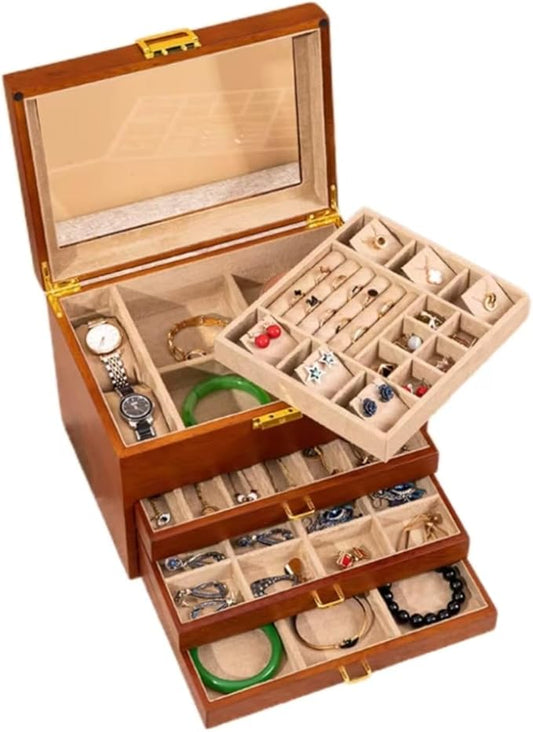 Bescott 5 Layer Solid Wooden Jewelry Box with Lock and Key for Women Men Vintage Velvet Wood Jewelry Organizer Storage for Earrings Rings Necklaces Bracelet Watch Mother’s Day Gift